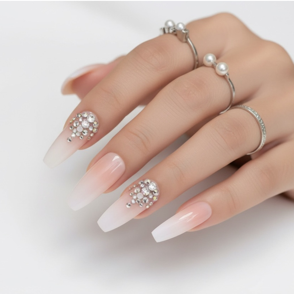 Nude Pink White Ombre French 3D Crystal Ballerina Extra Long Press On Nails Set