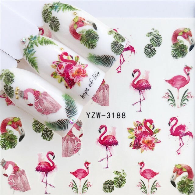 Nail Art Water Transfer Sticker Palm Tree Aloha Feather Flamingo Bird Decals DIY