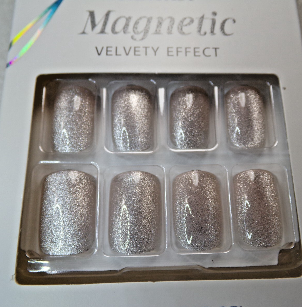 KISS Gel Fantasy NAILS Shiny Magnetic Silver GLUE ON Short LENGTH Velvety Effect