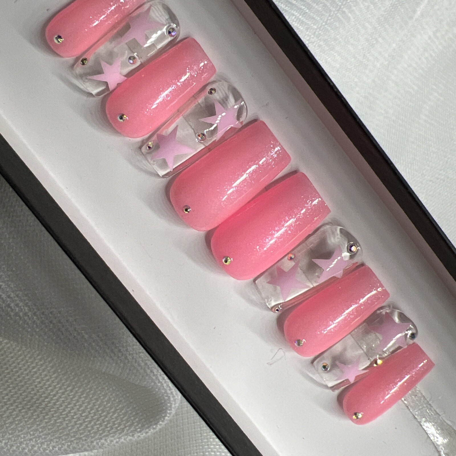 🔥 CUSTOM Gel Press On Nails, LIGHT PINK WHITE W BLING 10p FULL SET W Kit