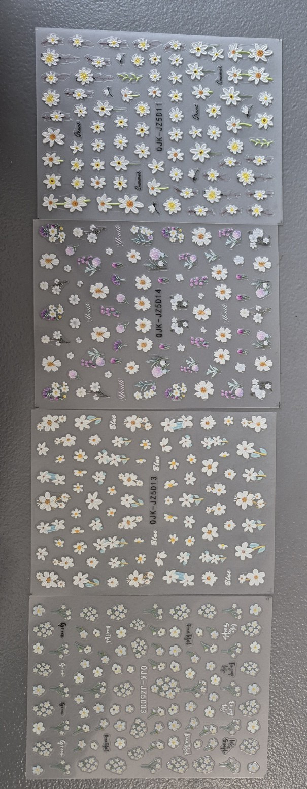 4 Sheets Nail Art Stickers, Flowers Quotes Blue Purple White Yellow NEW