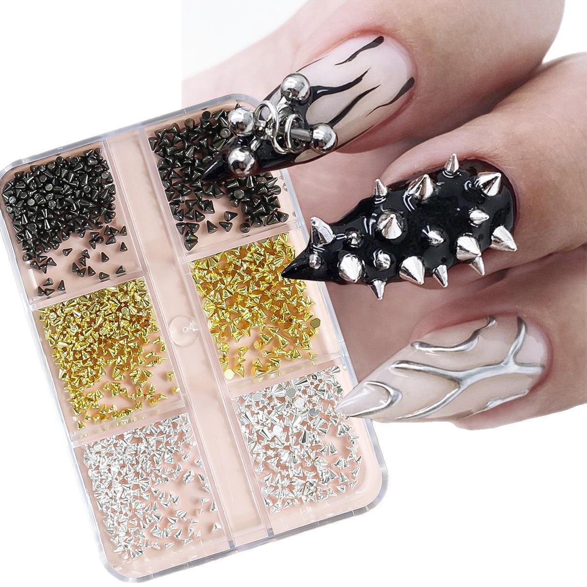 Cyberpunk Nail Charms Set, 3D Cone Studs Spikes Metallic Tones for Gothic Looks