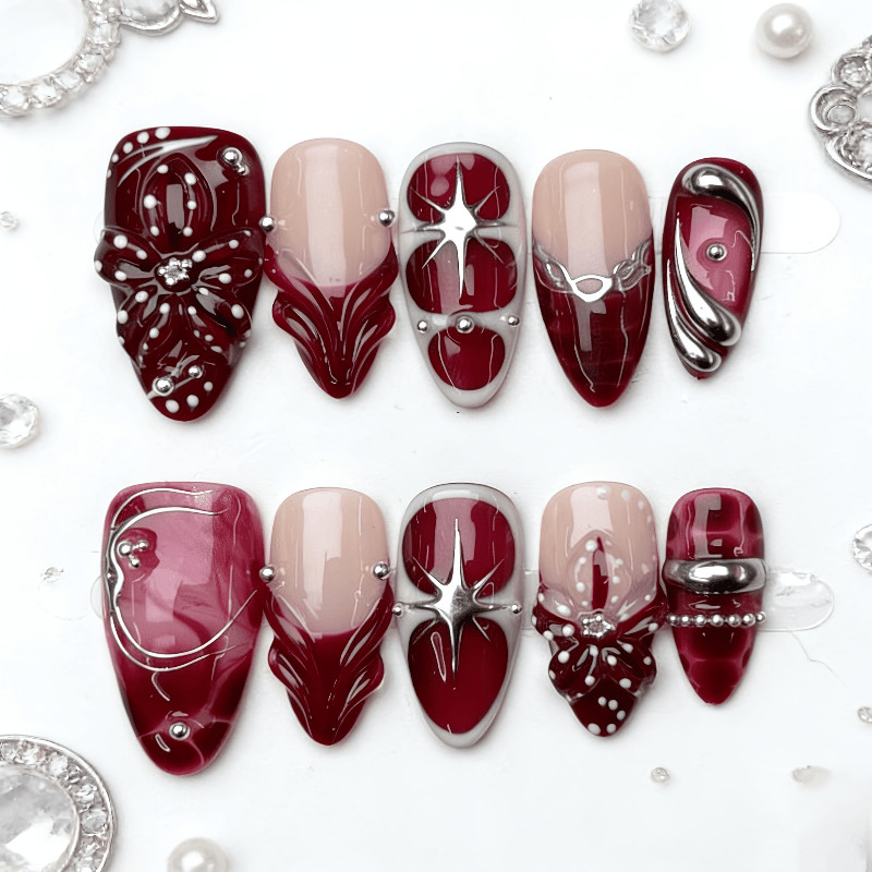 Handmade Medium Almond Fake Nails Nude Red Ombre 3D Bow Starburst Silver Design