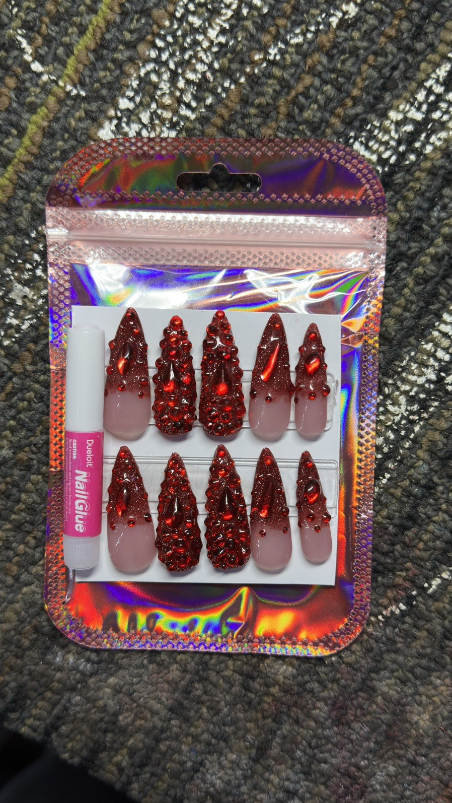 Handmade Press-On-Nails Shinny Red Long Stilettos Bling Bling 10pc Set