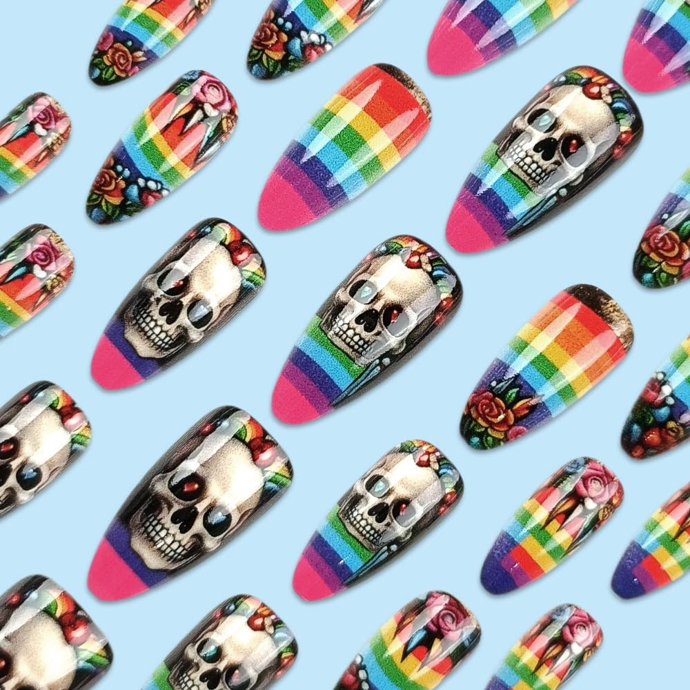 24Pcs Halloween Press on Nails Medium Almond Fake Nails Colorful Rainbow Skul…