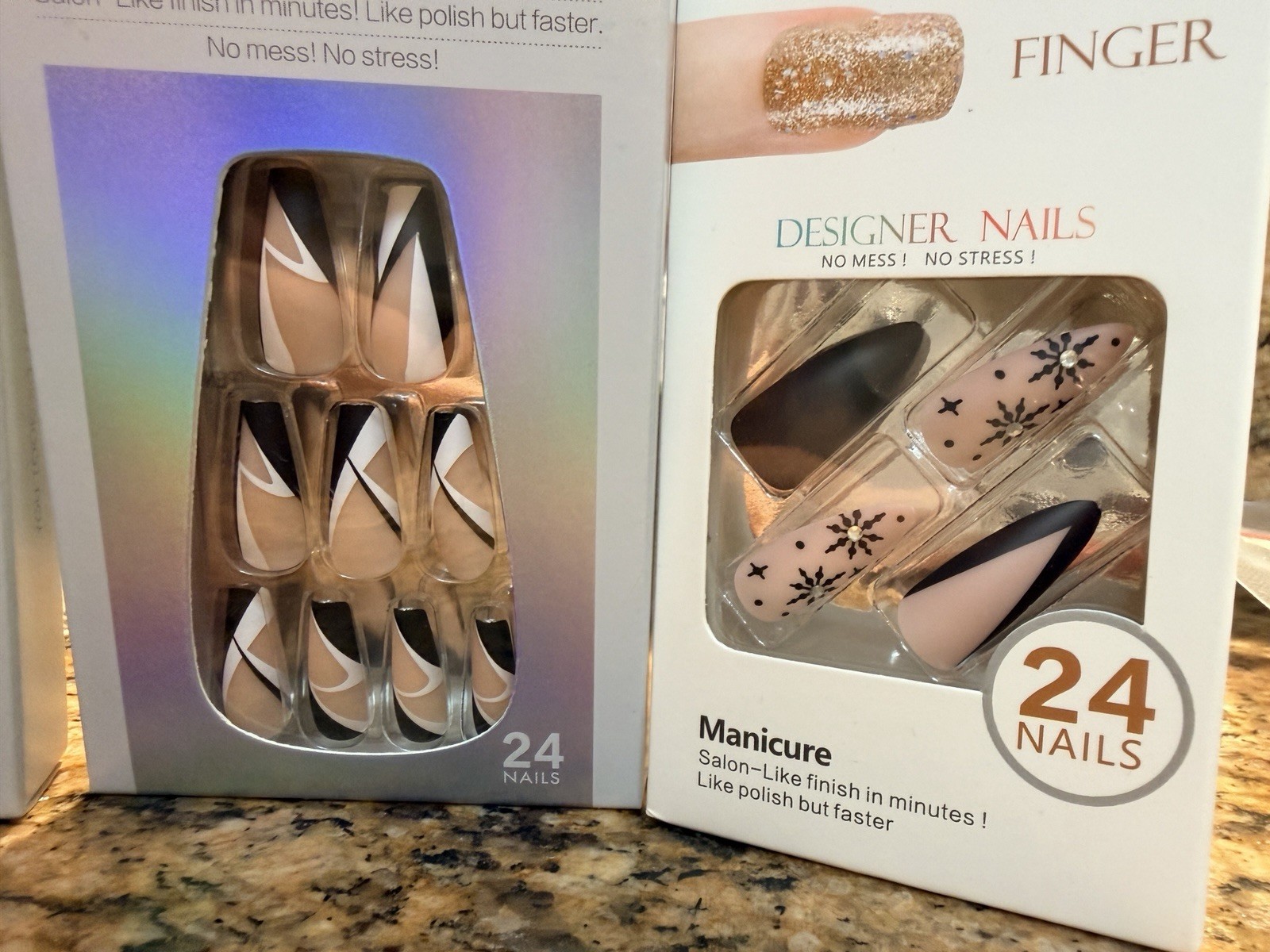 LOT OF 3 Fake Nails Set Black White Stars Embellished Pink 1A