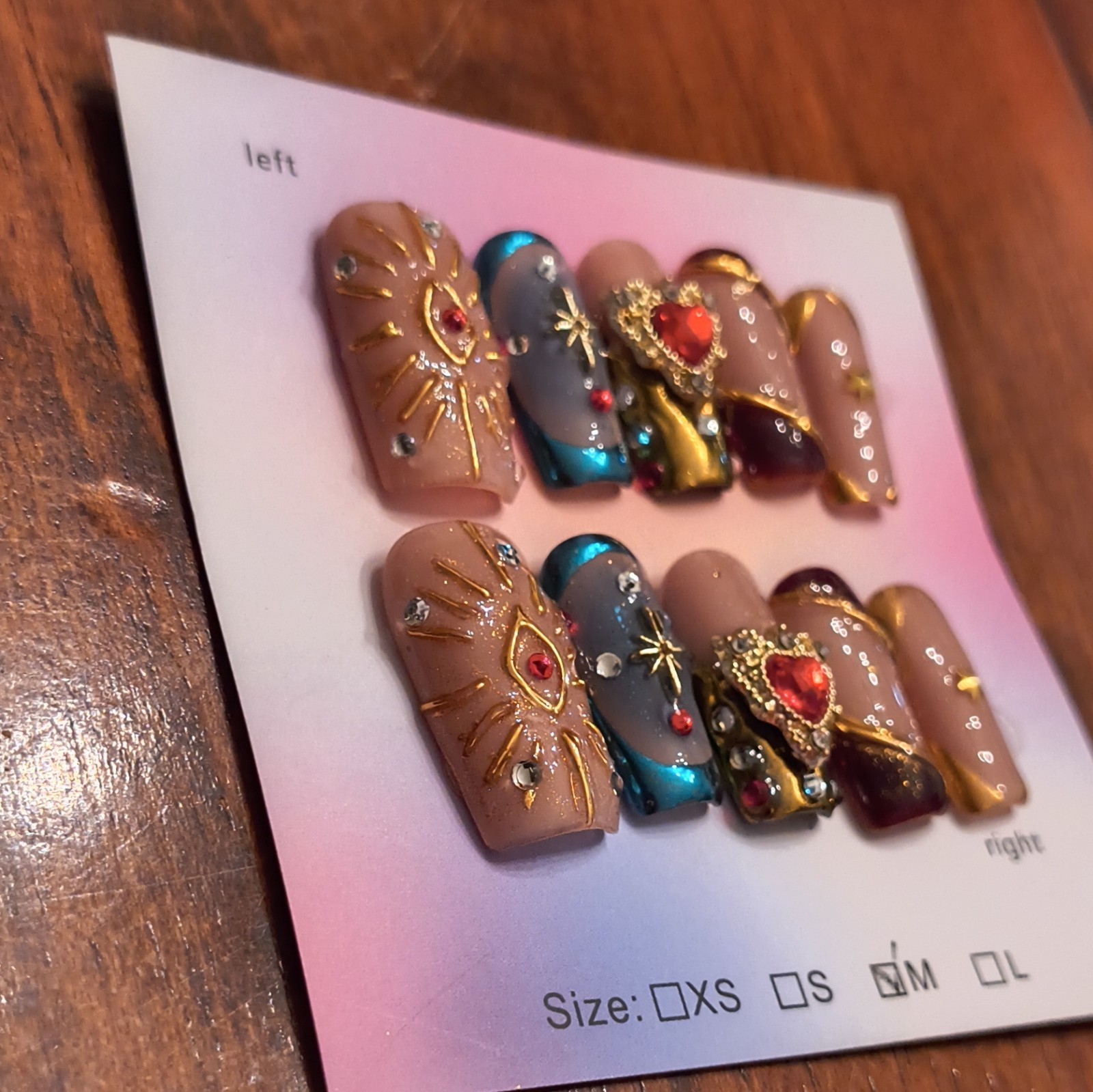 Press-On Nails Medium Square Beige Blue Gold 3D Star Full Cover Pre-Designed
