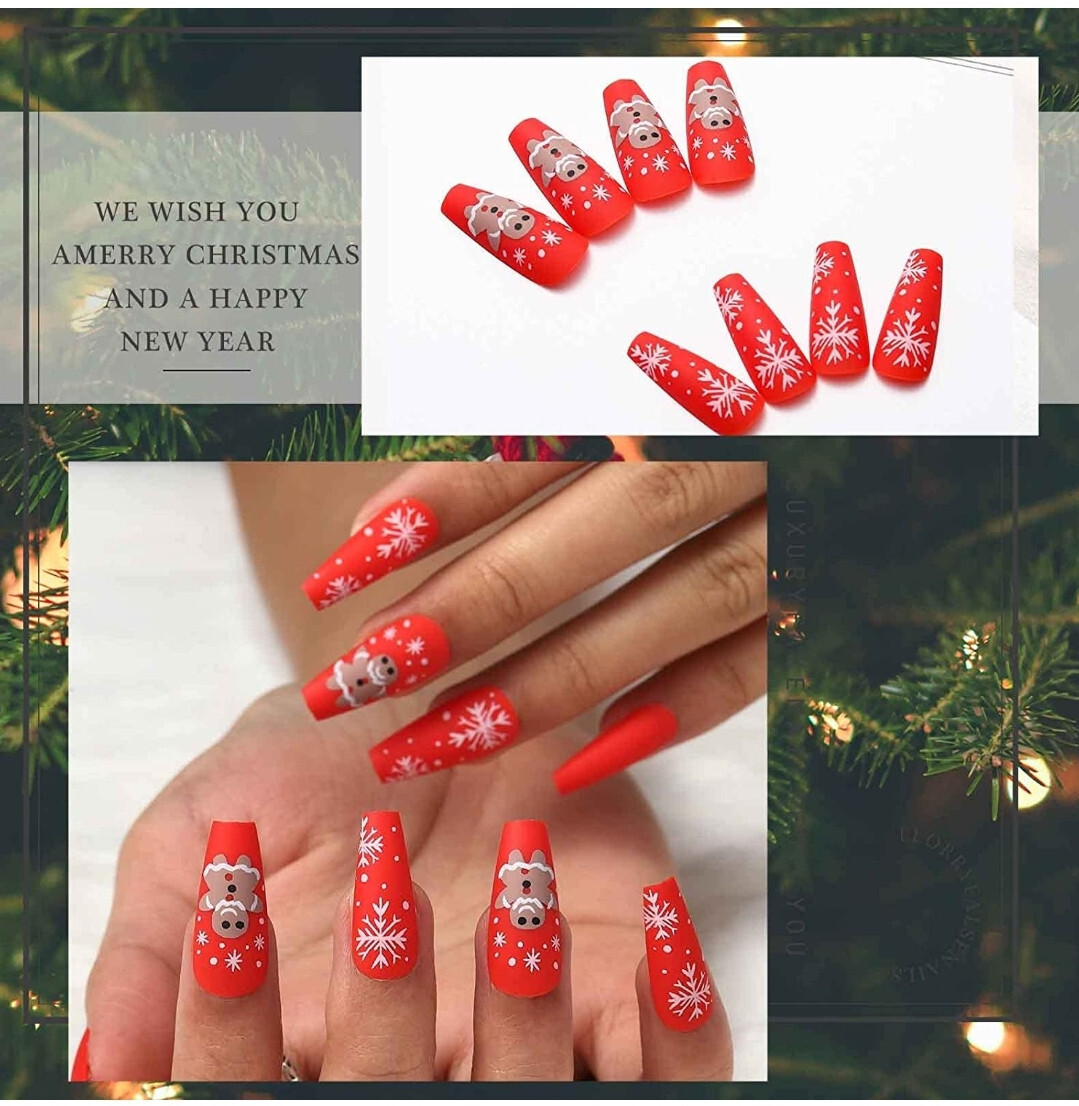 24 Matte Red Christmas Press on nails kit glue on snow flake gingerbread festive