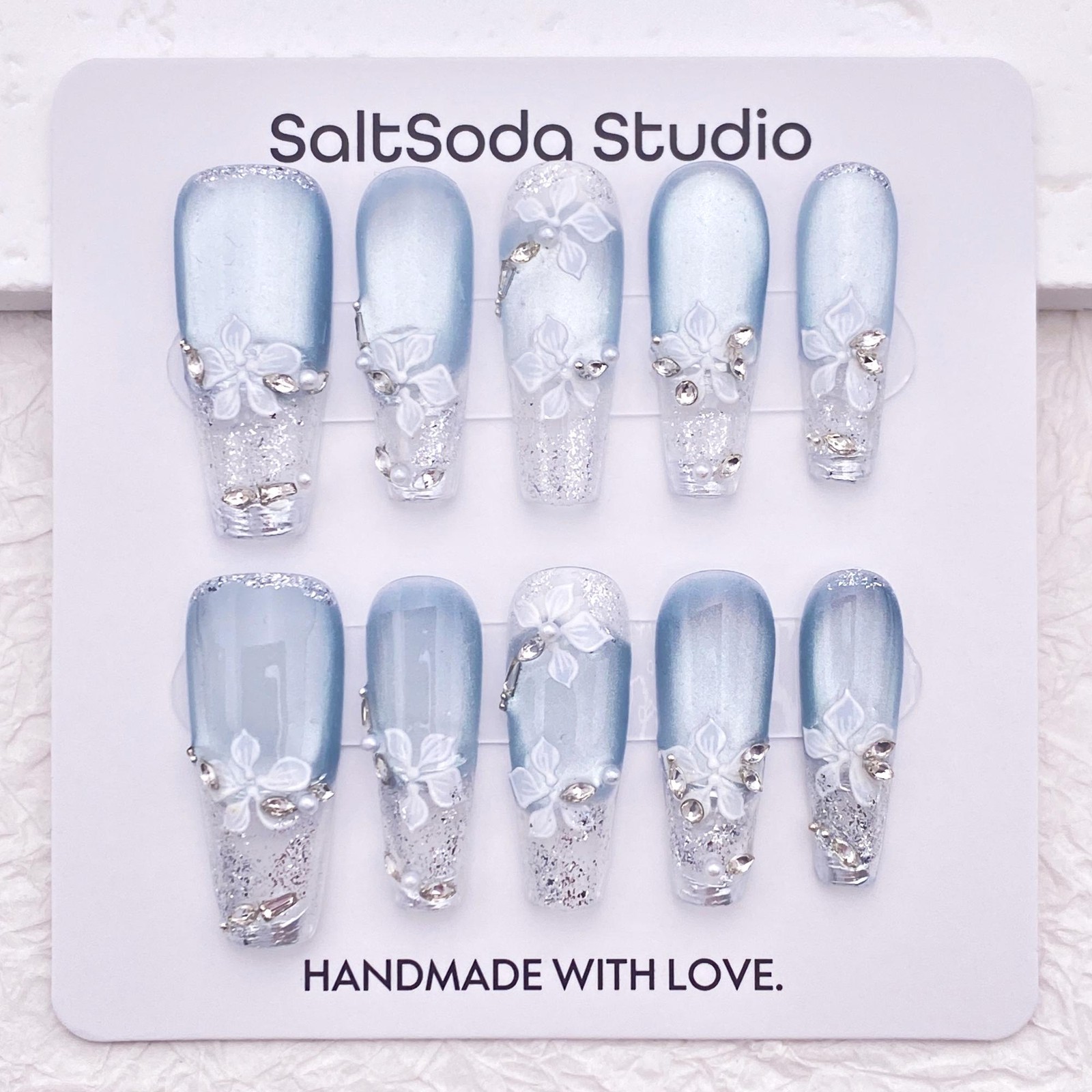 Custom Pure Handmade Nails Ice Blue White Flower Pearl Silver Decor Manicure