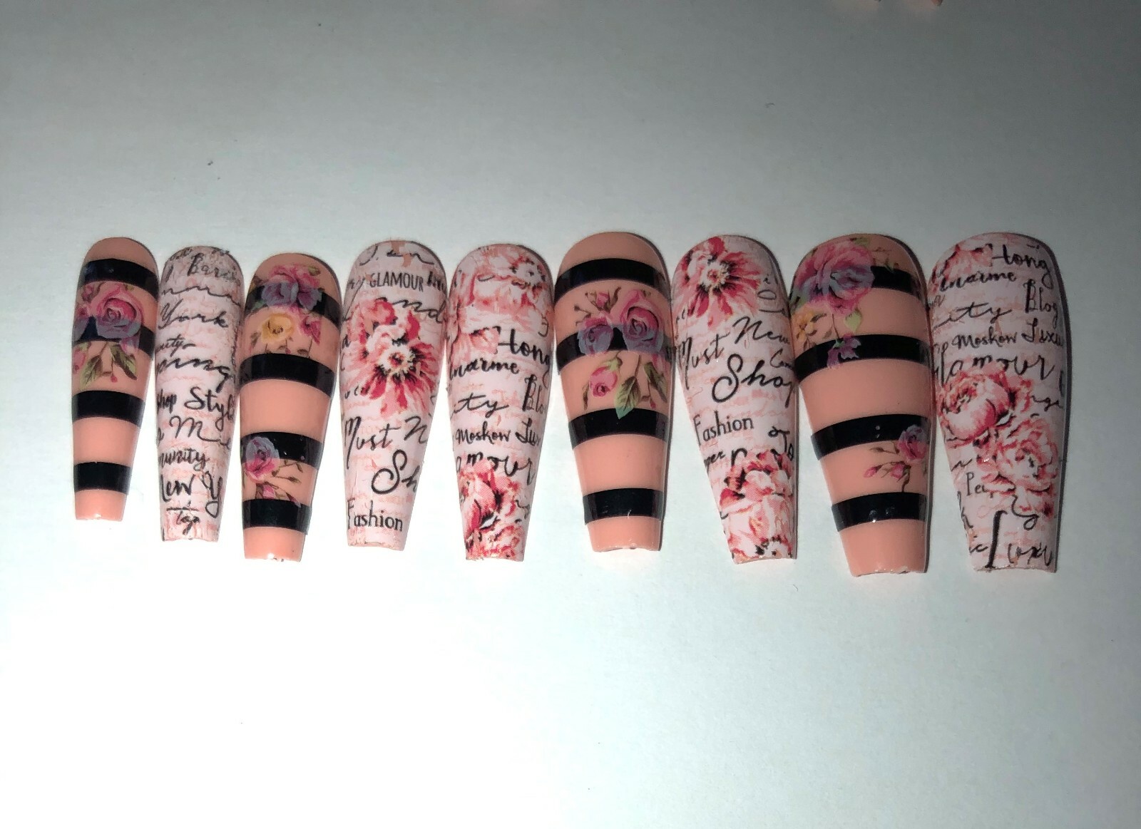 Press on nail set- Black stripes & Roses- (Set of 18 sizes 0-8)