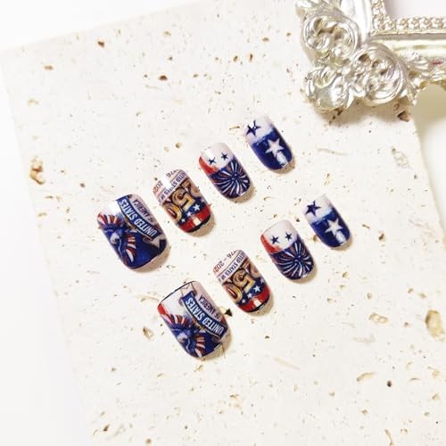 24Pcs 4th of July Press on Nails,Short Square Fake Nails Red White and Blue A43