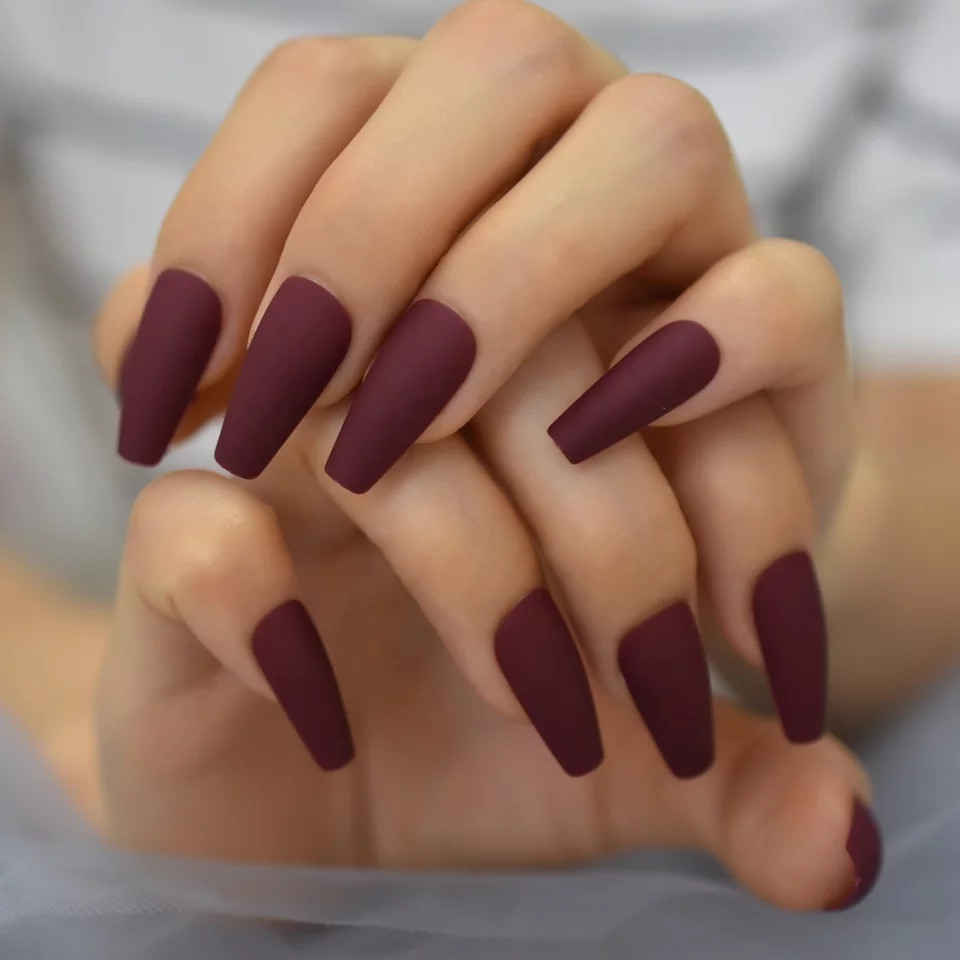 24 New Matte Burgundy Coffin Press on nails kit glue goth mulberry maroon