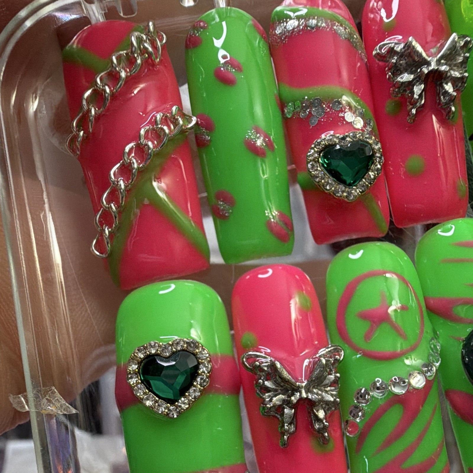 3D Star Coffin Press-On Nails Long Full Cover Green Pink Glitter Pre-Designed