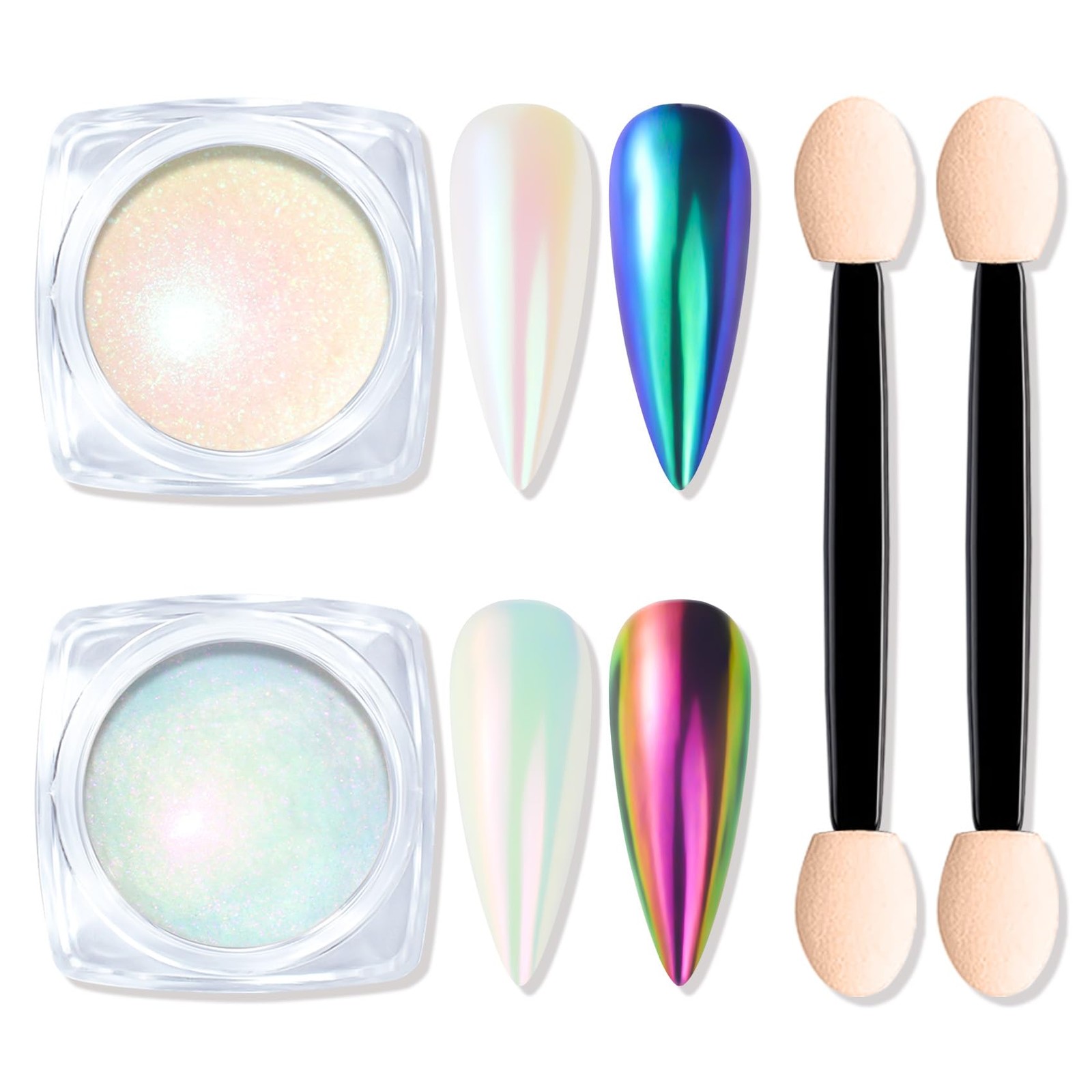 Chrome Nail Powder Kit – 2 Jar Mirror Effect Metallic Holographic Aurora Merm…