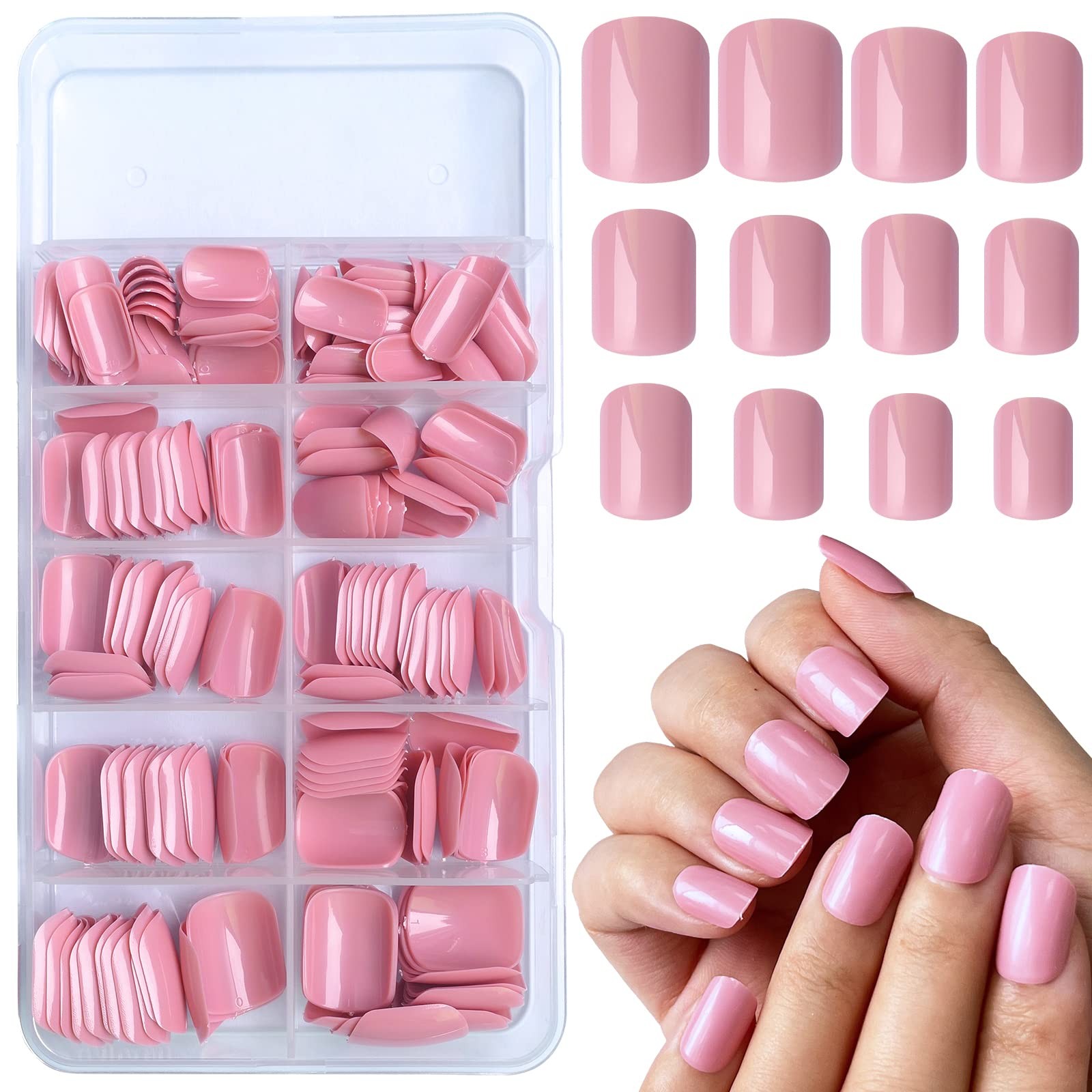 240pcs Short Press on Nails Full Cover Short Square Glossy Pink Fake Nails