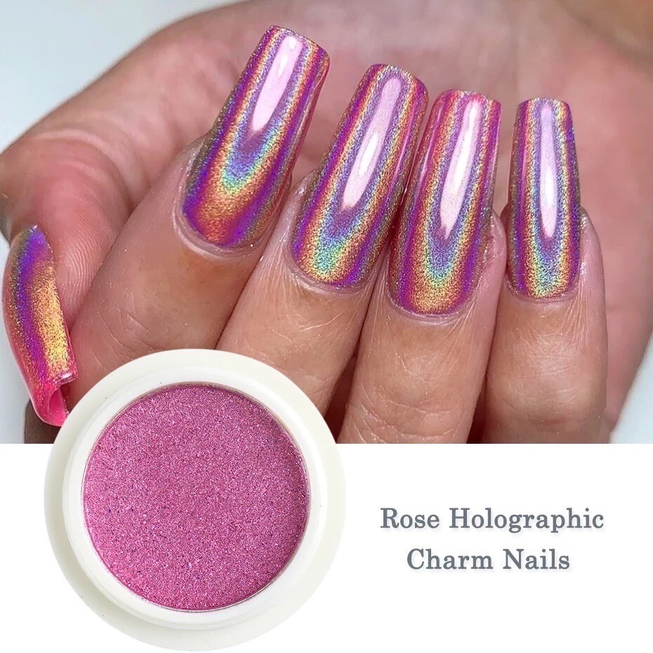 Rose Pink Holographic NAIL POWDER Mirror Effect CHROME Nail Art Mermaid Rainbow
