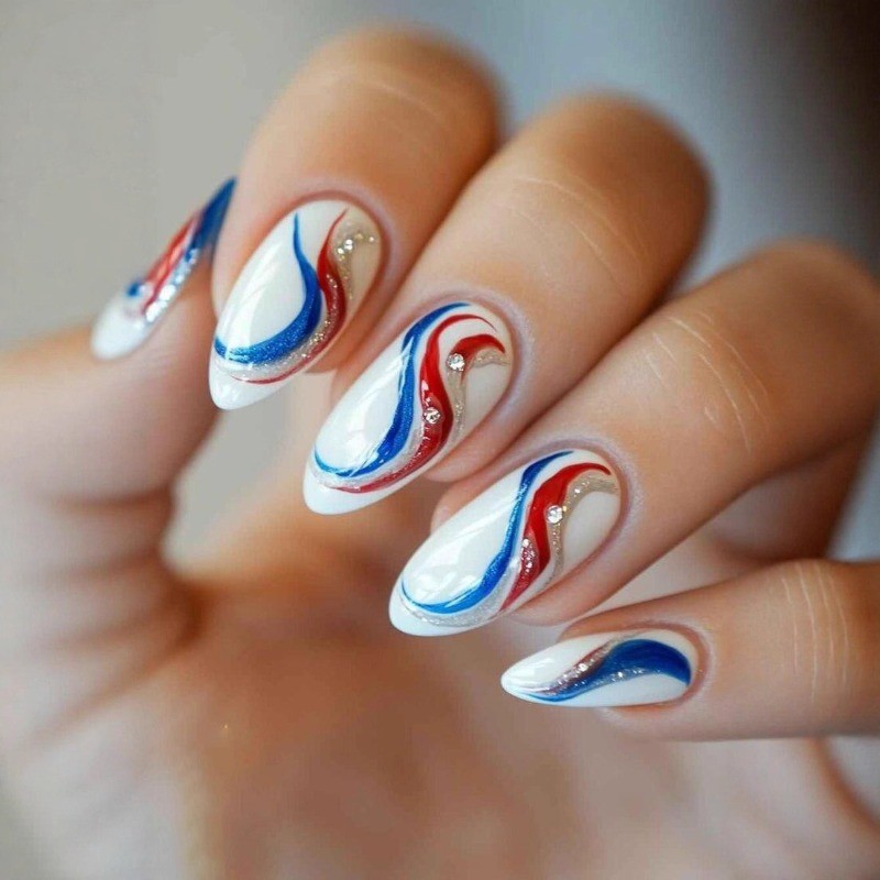 48 Pcs of Red and Blue Striped Round Head Almond Removable and Reusable Nail Art