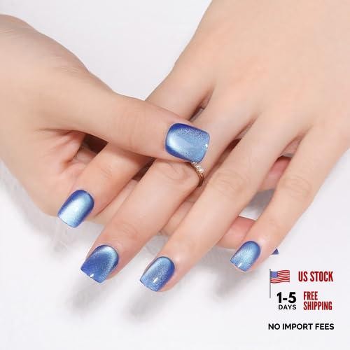 Royal Blue Press on Nails – Short Square – Cat Eye Fake Nails – B01 – Ice Blue