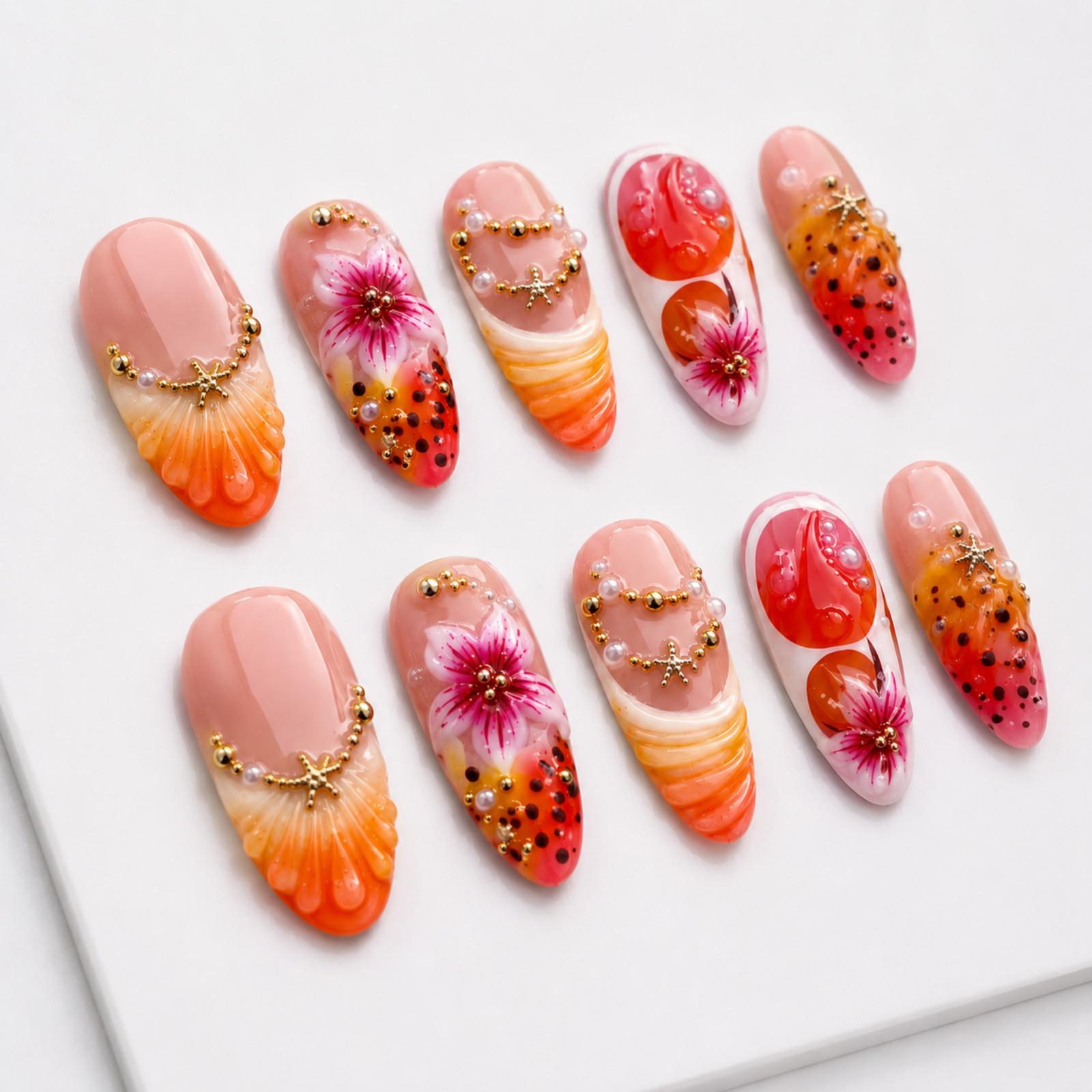Handmade Tropical Floral Press On Nails Pink Orange Pearl Starfish