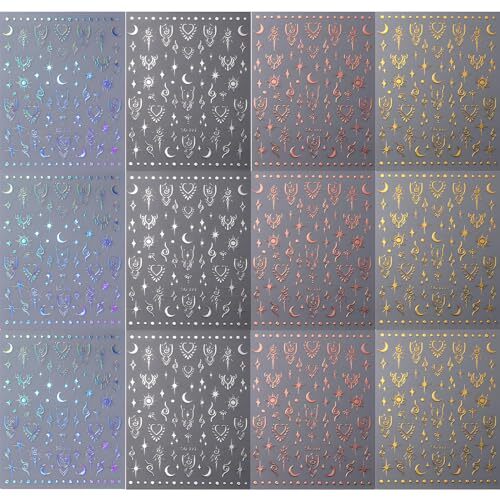 12 Sheets Star Nail Stickers for Nail Art Gold Moon Star Nail Art Style 3