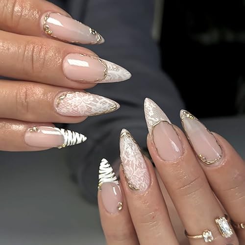 Black A33 Almond French Tip Press On Nails – Nude Pink Gold Line Lace Design