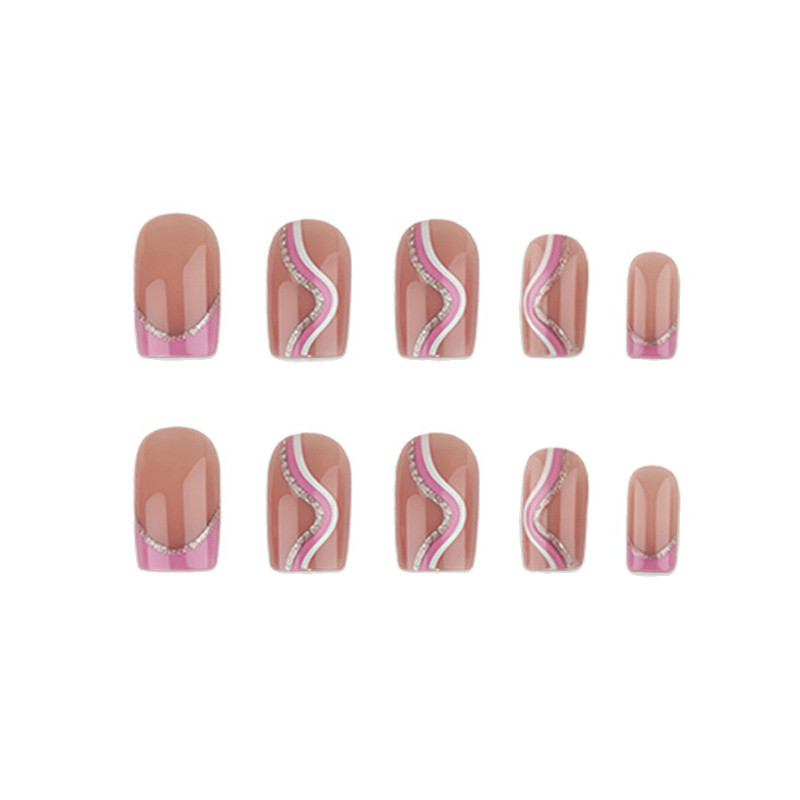 48Pcs Silver Line Rhinestone French Press on Nails, Short Square Pink Fake Nails