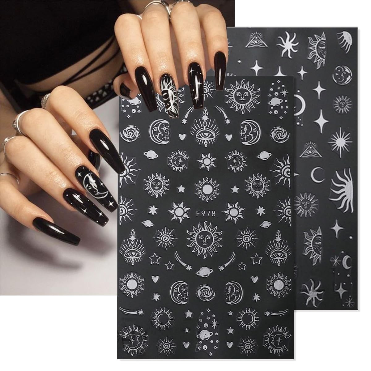 8 Sheets Metallic Nail Art Stickers Decals Silver Moon Star Sun