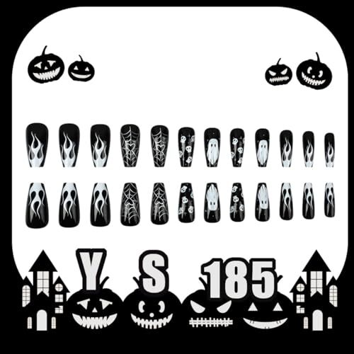 Black Halloween Press on Nails Square Long Fake Nails Ghost Flame C Nails 3