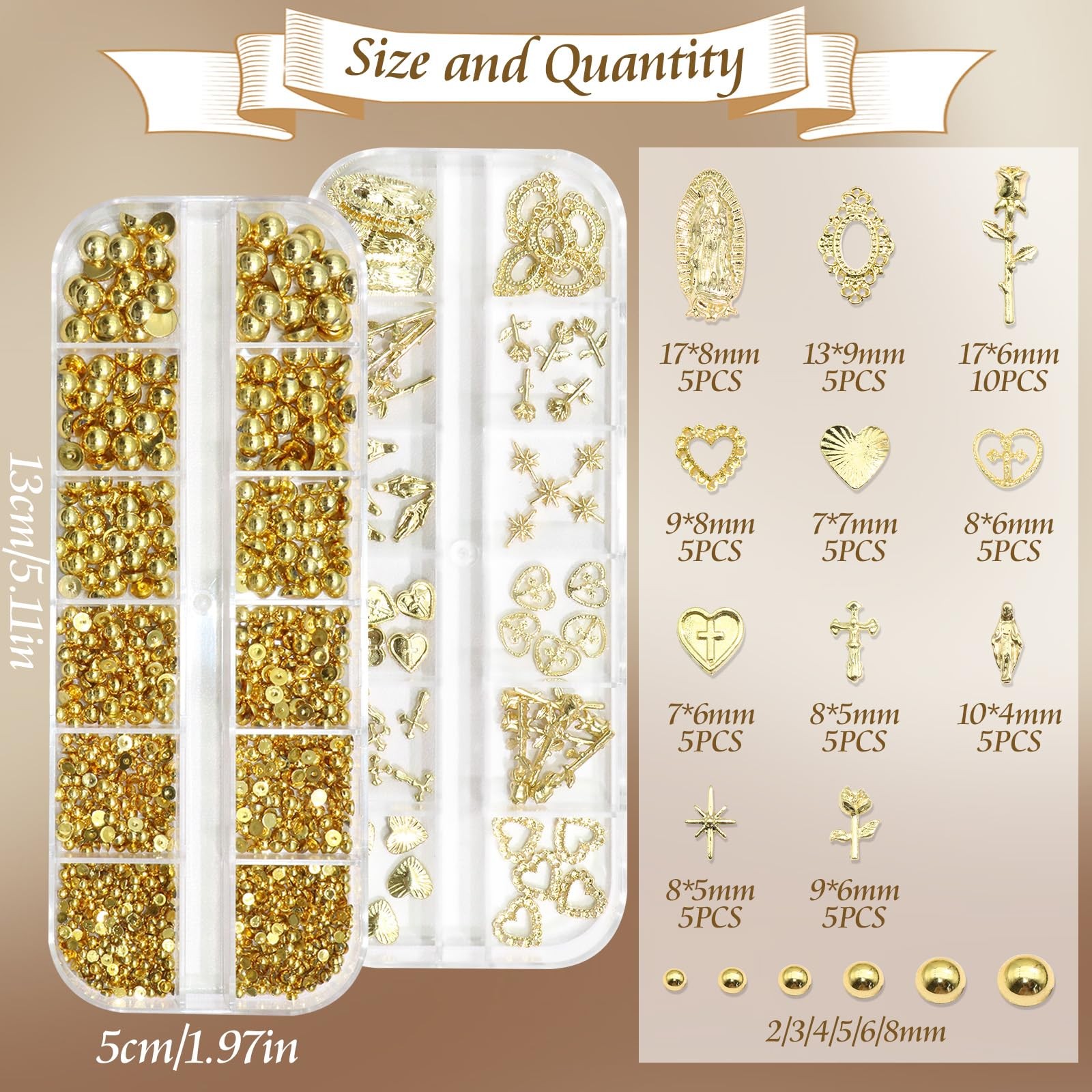 Gold Nail Charms 3D Cross Heart Charms Metal Alloy Half Round Pearls Chrome V…