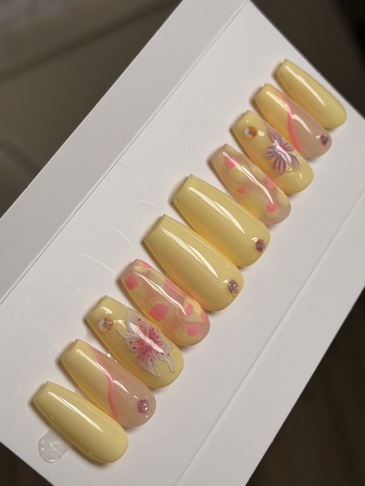 ✨ CUSTOM Press On Nails YELLOW PINK FLOWER BLING Flower 10p SET W Kit
