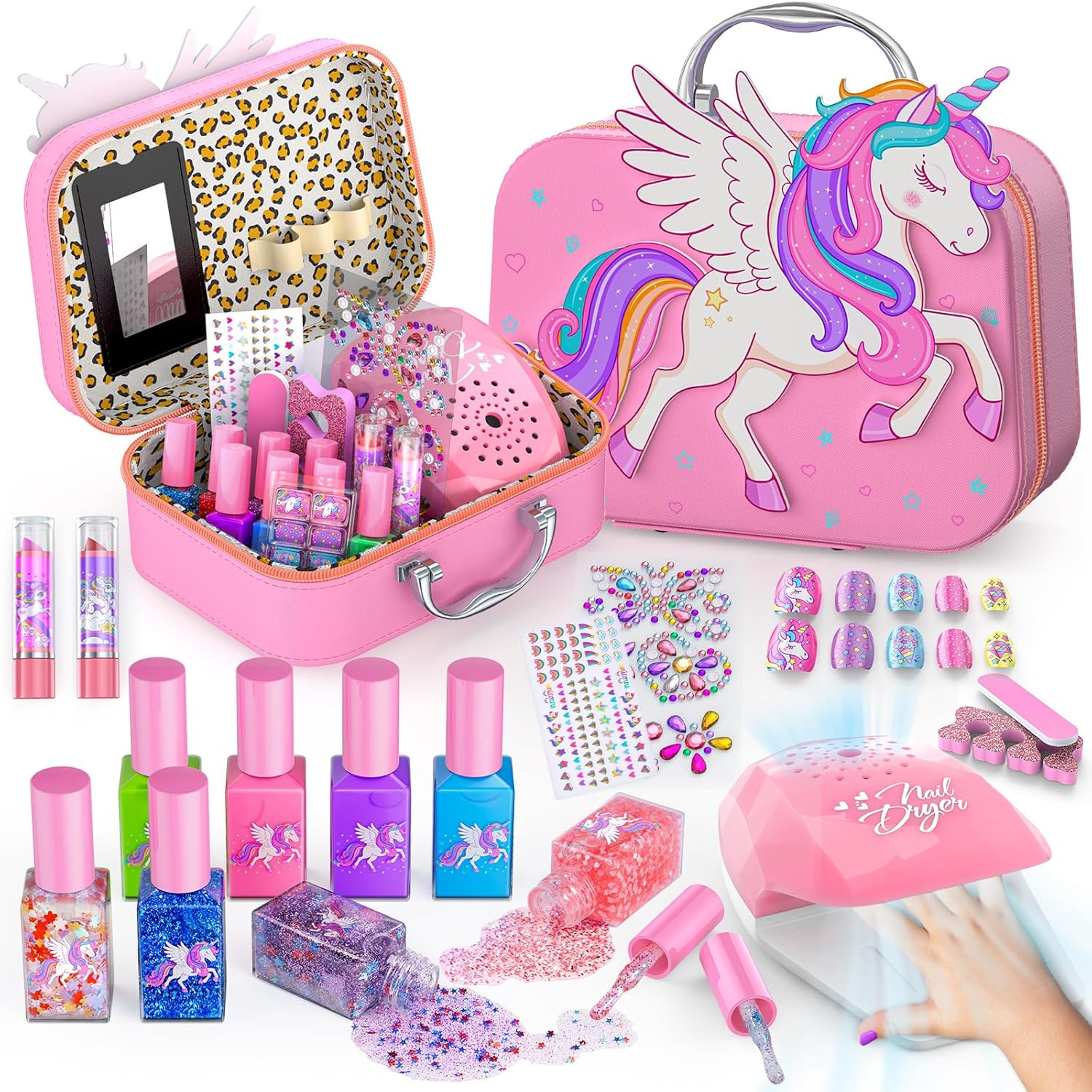 Kids Nail Polish Set Girls Washable Peel Off Non-Toxic Nail Art Kit Dryer Gift