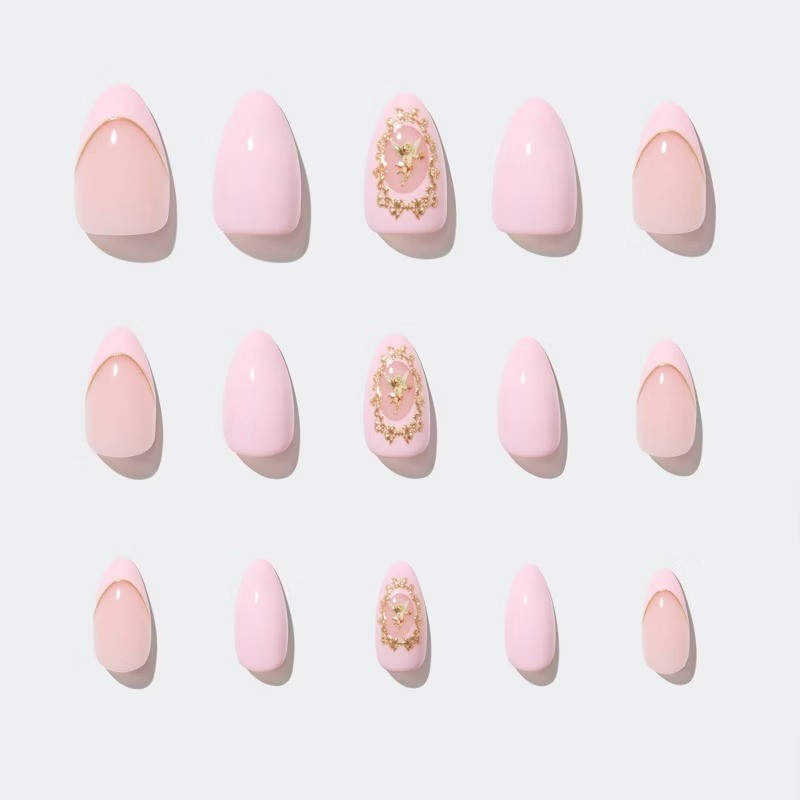 Lover’s Crest Fake Nails: Light Pink, Almond Shape, Gloss Finish, 30 Pieces