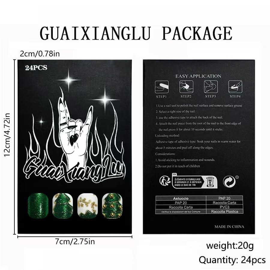 Christmas Press on Nails Medium,Green Square Fake Nails | 3D Christmas Tree &…