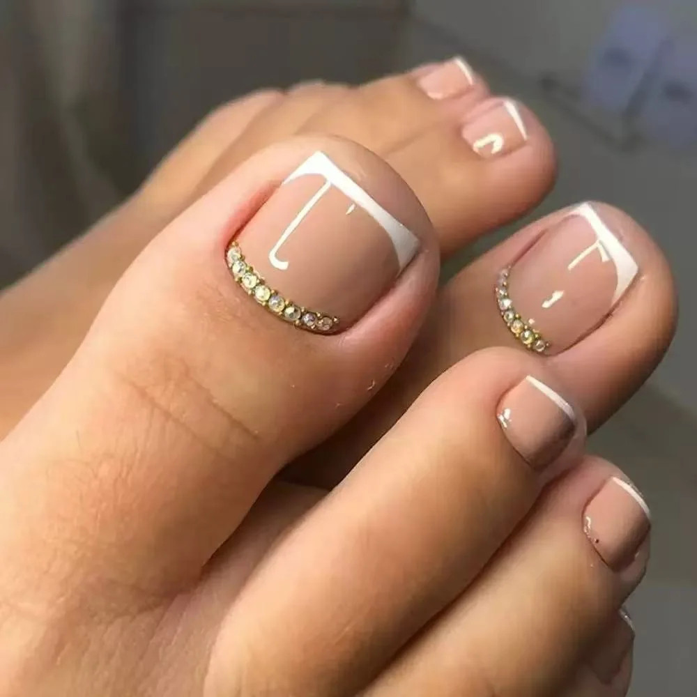 French White Edge False Toe Nails Simple Wearable Removable Press On Toenails 24