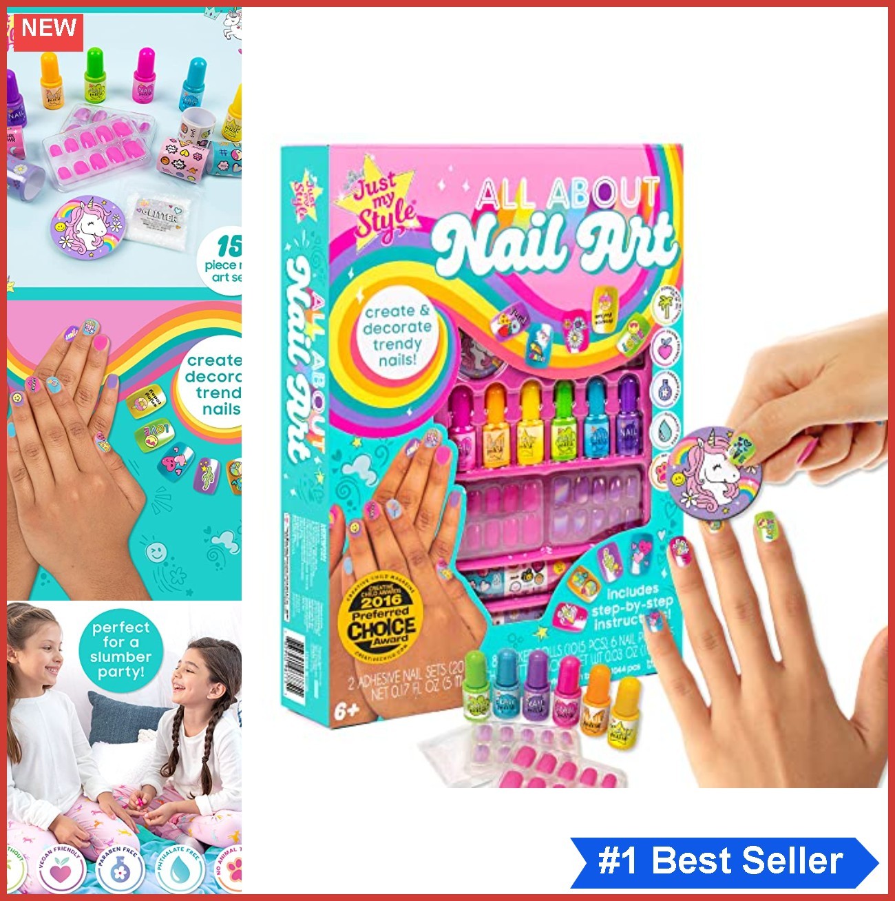 Nail Art Kit 6 Polishes 2 Adhesive Nail Sets Decals Glitter File Vegan