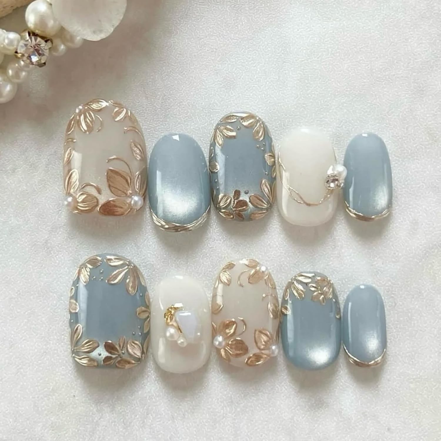 24Pcs 4th of July Press on Nails Medium Almond Full Cover Acrylic Glue On
