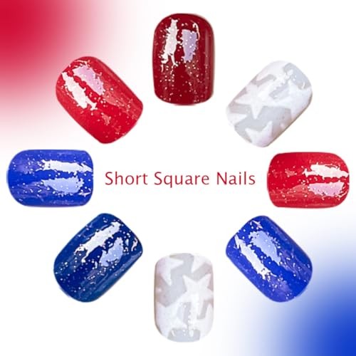 Red Blue Square Fake Nails – 4th of July – Short Color26 – Red Blue Press