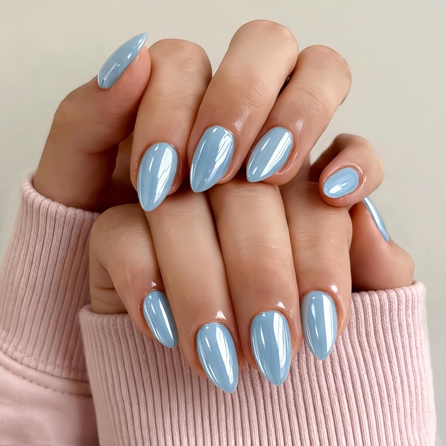 KQueenest Chrome Pastel Light Pink Press On Nails, 30 Pcs Almond Fake Nails