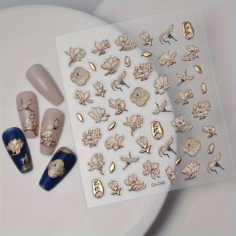 5D Embossed Rose Gold Flowers & Birds Assorted Designs Nail Art Vinly Decals