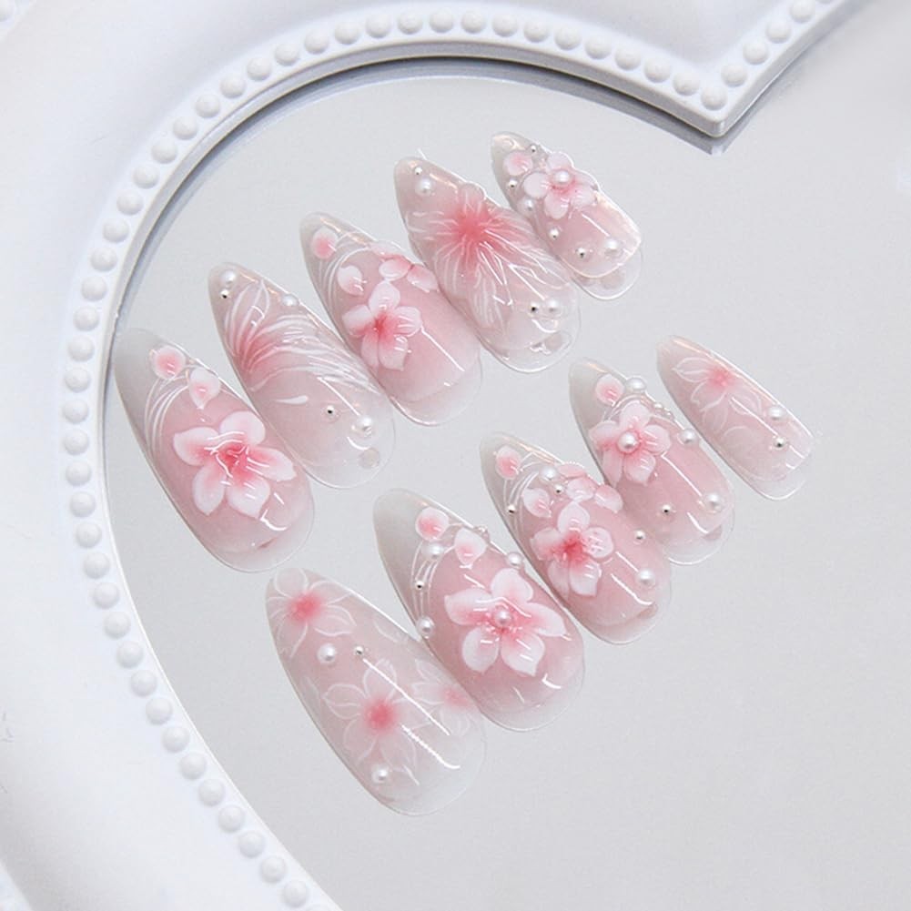 Almond Shape Press on Nails Medium Fake Nails with 3D Flower Line Pearl Handm…