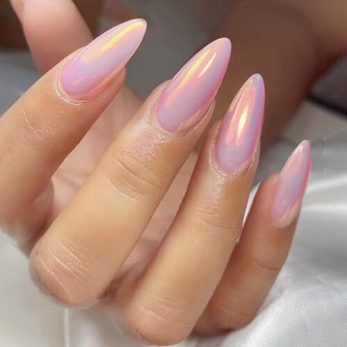 Chrome Press on Nails Almond, Medium Length Glazed Unicorn Nails Pastel Pink