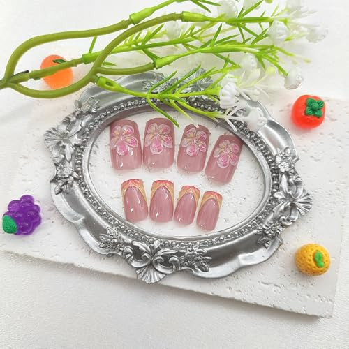 Spring Press on Nails Square Medium Fake Nails with Flower Flower Designs-1