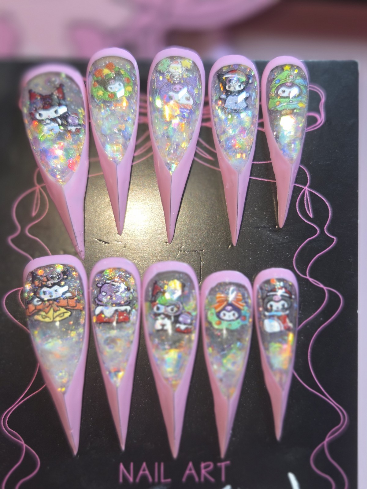 Press On Nails Handmade Medium Long Pink Dragon Claw Kuromi Anime Aqua Water