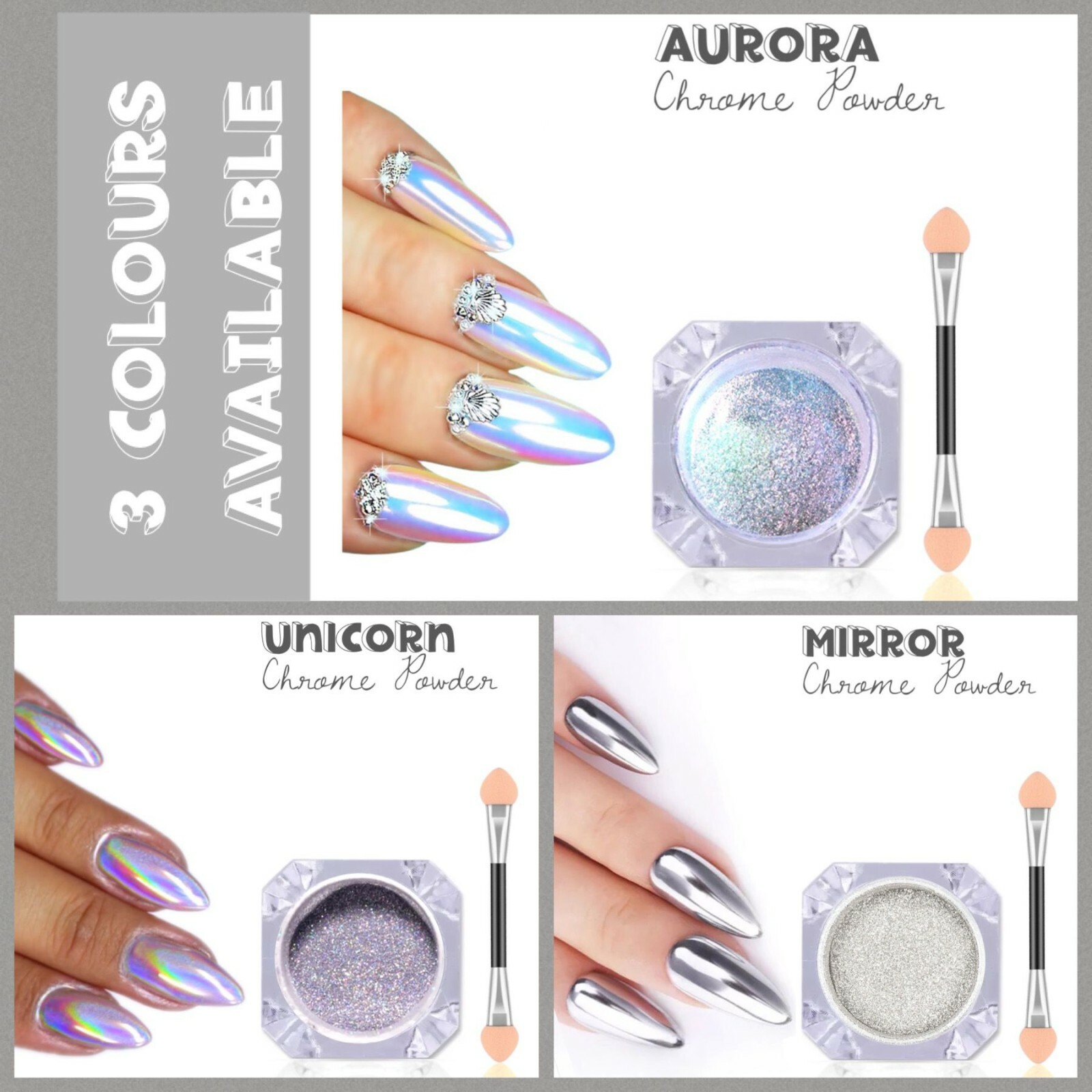Unicorn Aurora Mirror Nail Chrome Powder Different Sizes Rainbow 1 2 & 3 gram UK