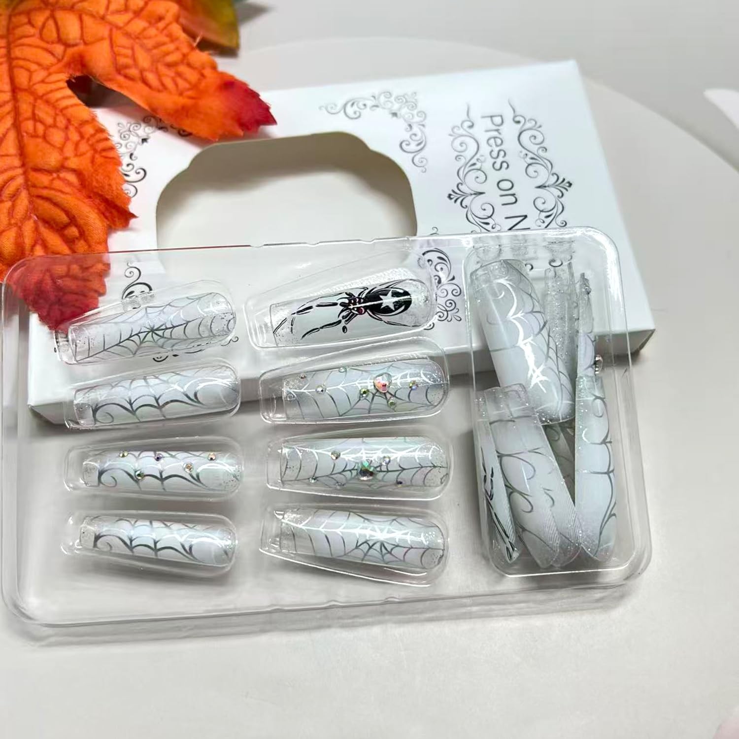 Vopintpy Halloween Press on Nails Silver Spider Web Fake Multicolor