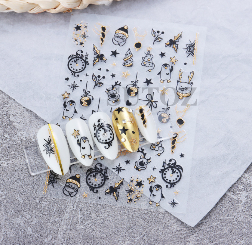 Glitter 3D Gold Black 2023 New Year Clock Time Cat French Nail Art Stickers NH21