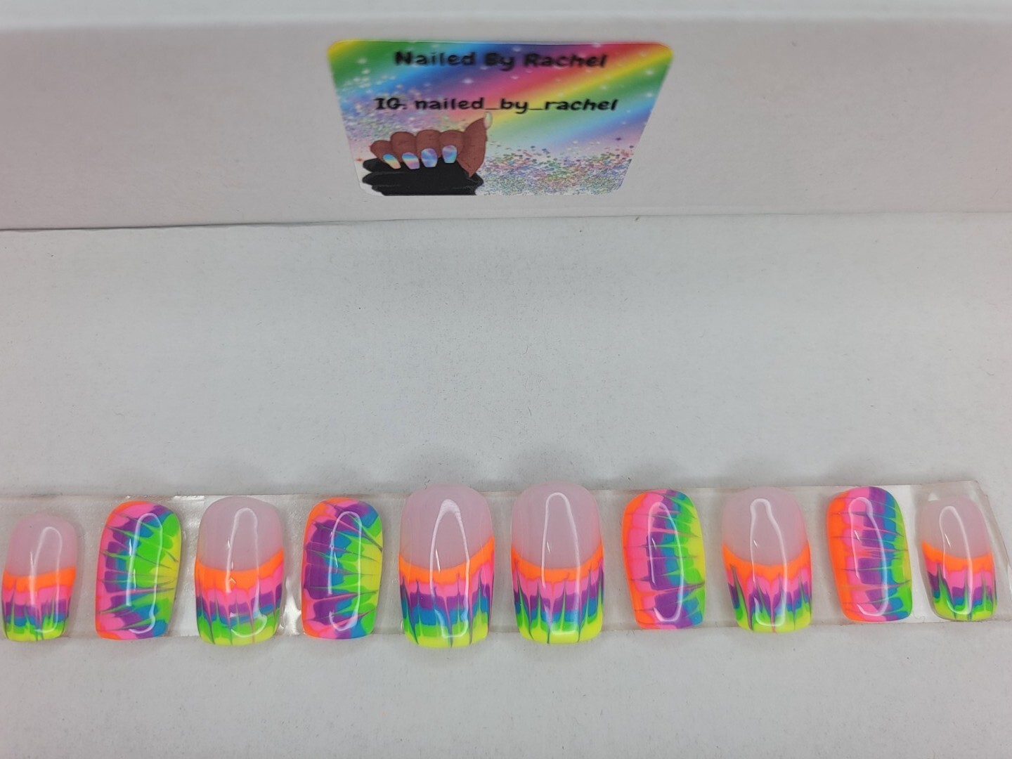 Rainbow neon tie-dye press on nails short square French tip pride nails
