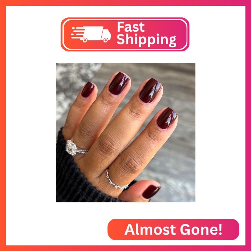 Burgundy Red Press on Nails Short Square, Natural Gel Nails Glue on Fall Colors