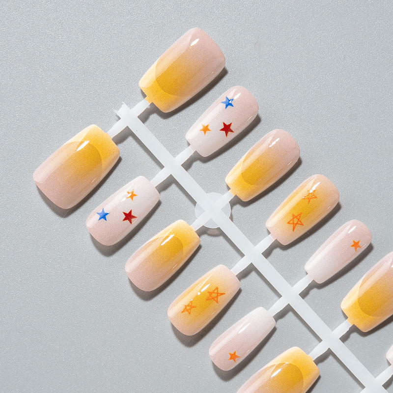 60pcs Short Square Press on Nails, Nude Yellow Gradient Color Star Gloss Nails
