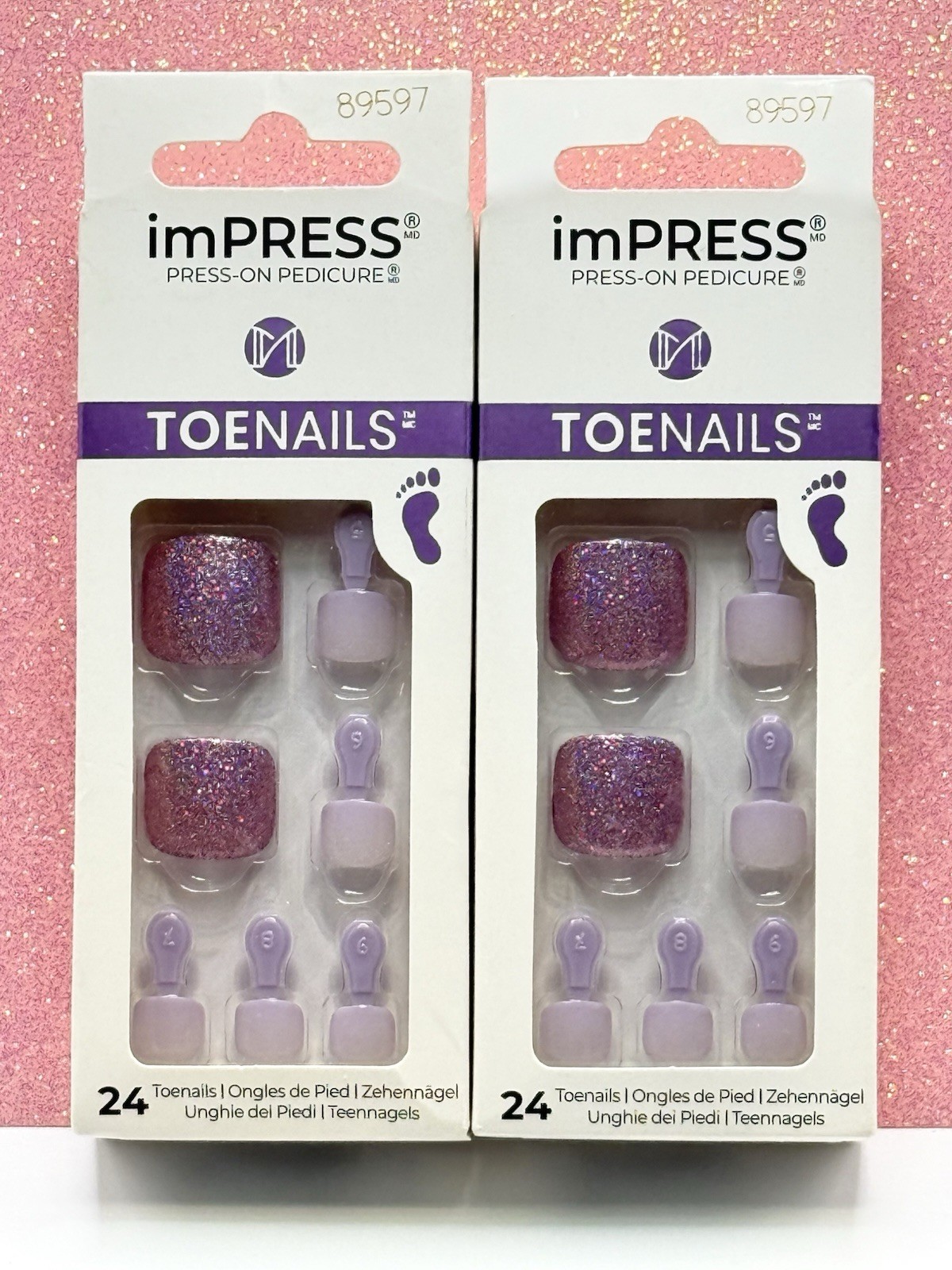 Kiss ImPRESS Press-On Pedicure Toenails Purple Glitter 89597 (Lot Of 2)